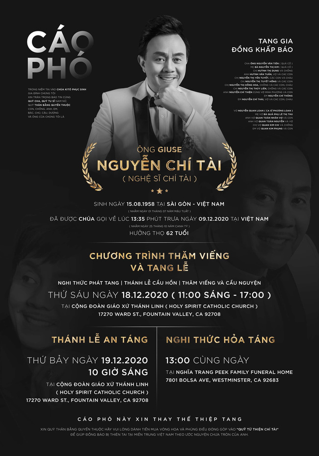 Thông báo mới về tang lễ cố nghệ sĩ Chí Tài tại Mỹ-1