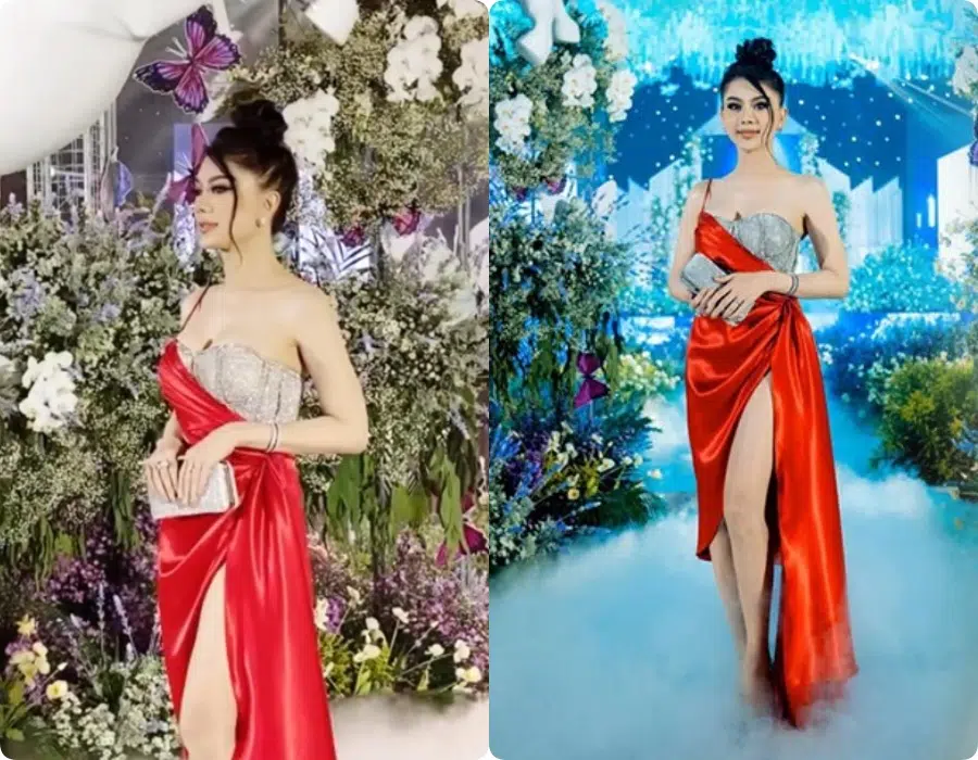Đi đám cưới tình cũ Quý Bình, Lâm Khánh Chi thay tới 2 bộ váy cắt khoét hiểm hóc-3