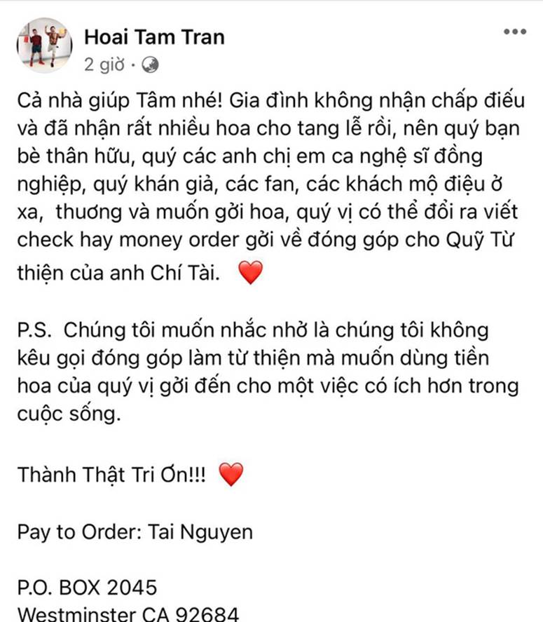 Hoài Tâm đại diện gia đình cố NS Chí Tài lên tiếng làm rõ chuyện nhận tiền thay cho vòng hoa khi đến viếng-1