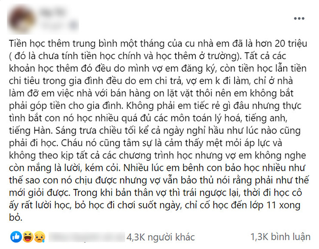 Tiền học thêm của con trung bình hơn 20 triệu 1 tháng, ông bố lên facebook kêu trời: Không phải tiếc tiền mà vợ đang bóp nghẹt tuổi thơ của con-1