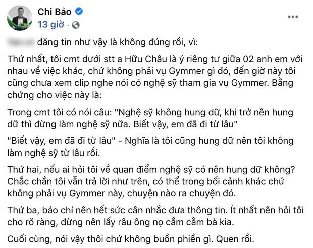 Chi Bảo lên tiếng giải thích rõ về phát ngôn Hung dữ thì đừng làm nghệ sĩ nữa giữa lùm xùm gymer lăng mạ cố NS Chí Tài-2