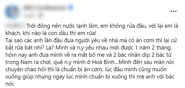 Trời đông nên nước lạnh lắm, em không rửa đâu, ra mắt nhà bạn trai cô gái nhất định không chịu rửa bát, lý do sau còn khó chấp nhận hơn-1