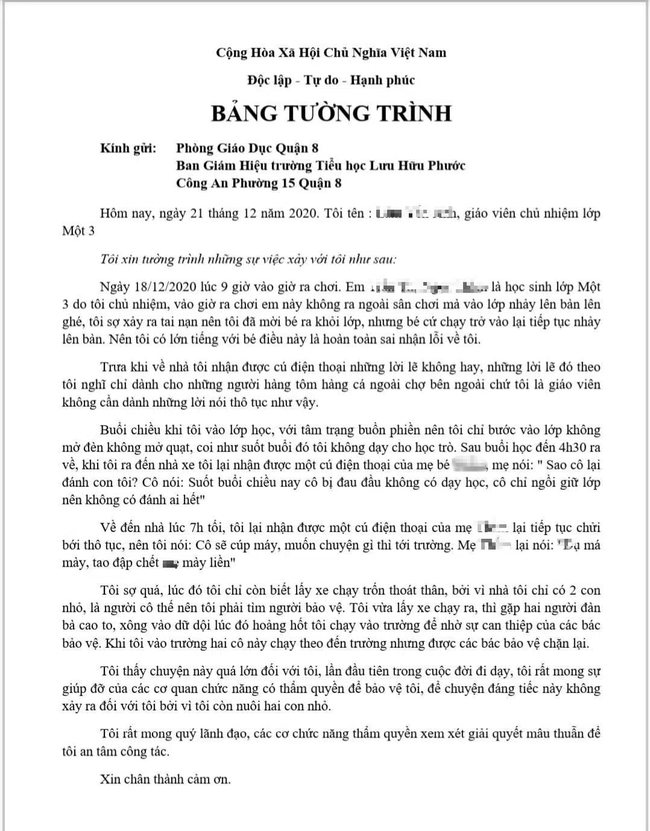 Vụ cô giáo tiểu học ở TP.HCM sợ hãi chạy thoát thân vì bị phụ huynh đuổi đánh: Trưởng phòng GD-ĐT quận 8 nói gì?-1
