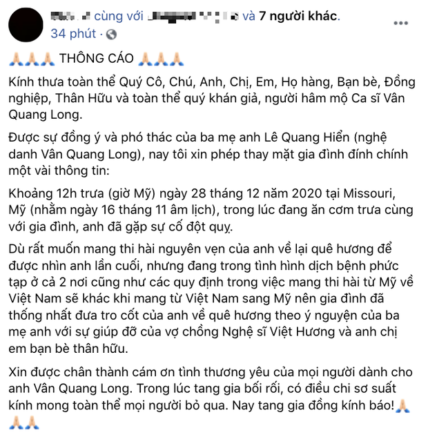 Đại diện gia đình đính chính thời gian, địa điểm ca sĩ Vân Quang Long qua đời, thông báo về lễ an táng thi hài nam ca sĩ-1