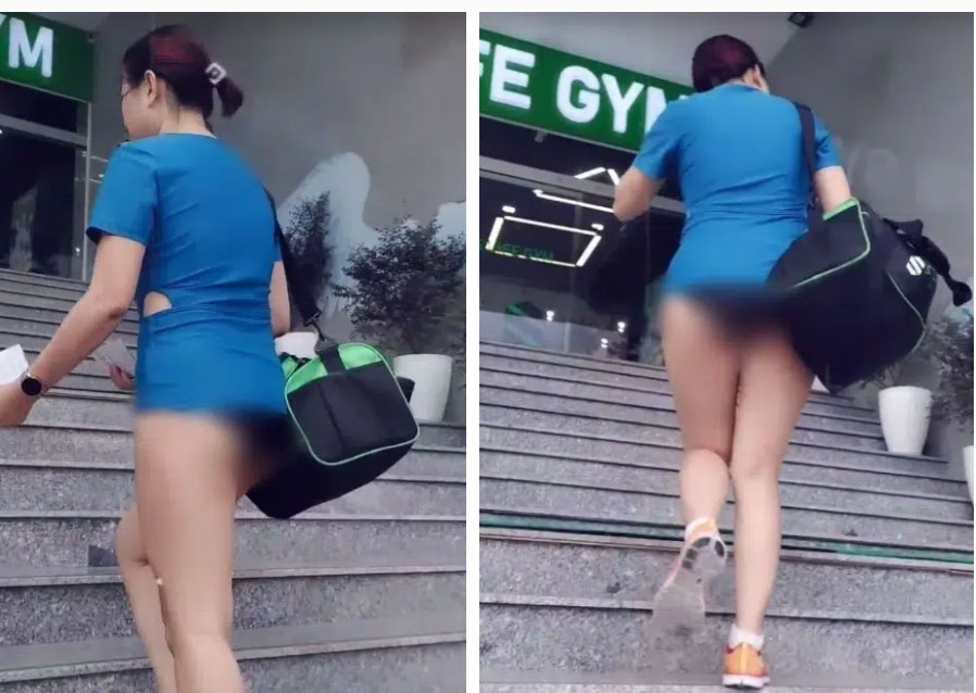 Người phụ nữ thả rông xuống đường cùng gia đình lại tiếp tục gây sốc khi mặc quần ngắn y hệt kiểu quần chip đến phòng tập gym-1