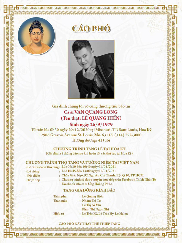 Ưng Hoàng Phúc đăng cáo phó, thông báo chính thức về tang lễ của Vân Quang Long ở Việt Nam-1