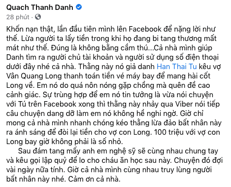 Xuất hiện kẻ giả mạo bạn thân, lừa vợ Vân Quang Long gửi 100 triệu để đưa hài cốt chồng từ Mỹ về Việt Nam-1