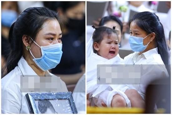 Xót xa hình ảnh vợ cố NS Vân Quang Long mắt đỏ ngầu ôm di ảnh chồng, con thơ bật khóc không chịu đeo khăn tang