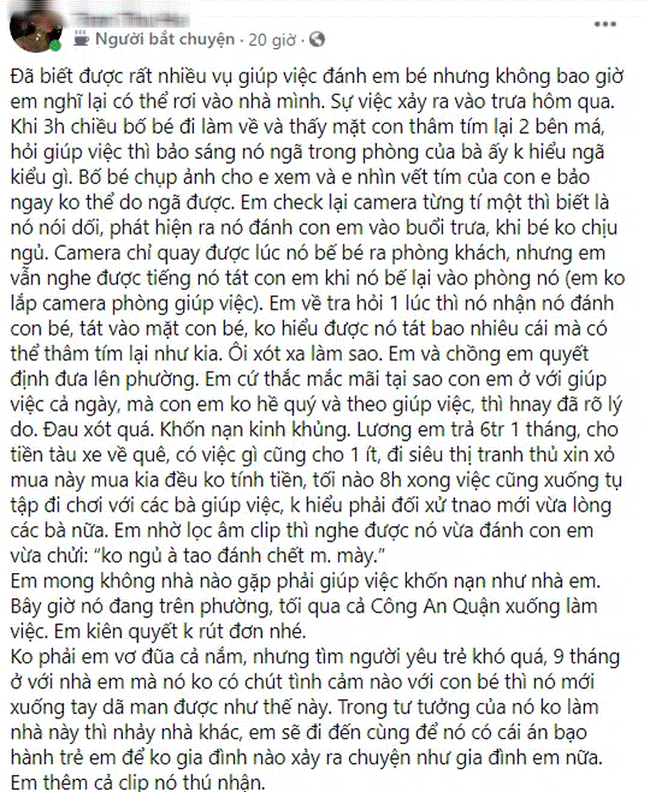 Trẻ không ngủ, nữ giúp việc bạo hành bé tới thâm tím má, nói dối với bố mẹ bé tự ngã dù được trả lương cao, đối đãi hậu hĩnh như người nhà-1