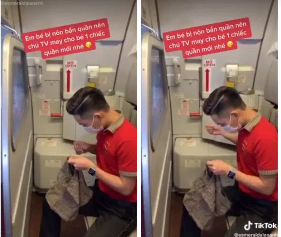 Dân mạng đổ gục khi thấy nam tiếp viên hàng không tự tay khâu chiếc quần mới cho hành khách nhí vừa bị nôn một cách tận tình-1