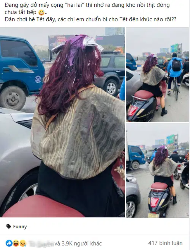 Đang ngồi móc lai giữa chừng bà chị bỗng để nguyên đầu toàn thuốc nhuộm dang dở chạy về nhà, chị em nhìn liền đồng cảm chuẩn bị Tết nó dí thì mình cũng vậy!-1