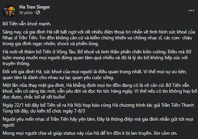 Ca sĩ Hà Trần chính thức lên tiếng về thông tin NS Trần Tiến qua đời-1