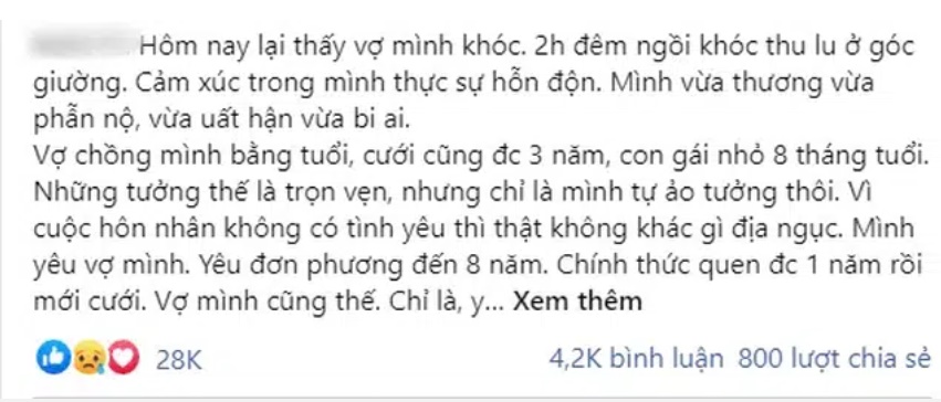 2h sáng cô vợ bật dậy nghe một cú điện thoại rồi ngồi khóc một mình, diễn biến câu chuyện gây phẫn nộ thu hút 28 nghìn like-1