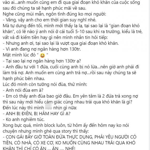 Quen nhau 1 tháng, cô gái được bạn trai tỏ tình với lý do Anh đang nợ hơn 130 triệu, anh muốn em vượt qua khó khăn cùng anh-1