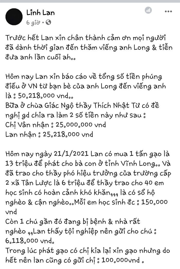 Vợ hai Vân Quang Long công khai tiền phúng viếng, khẳng định: Em đã làm tròn bổn phận-1