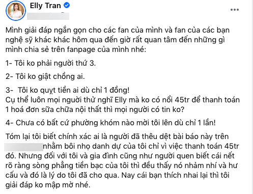 Elly Trần bức xúc: Tôi không giật chồng, không quỵt tiền ai-1