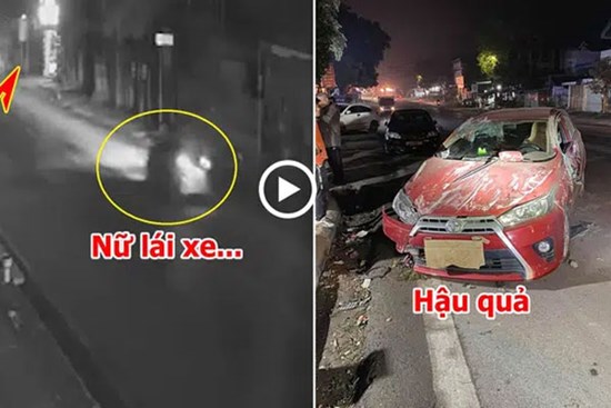 Clip: Khoảnh khắc nữ tài xế lái ô tô đâm vào cột điện, lộn một vòng trên đường