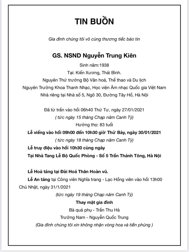 Thông tin chính thức về tang lễ của NSND Trung Kiên - bố nhạc sĩ Quốc Trung-1