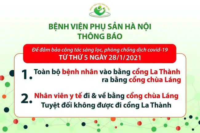 Bệnh viện Phụ sản Hà Nội vừa ra thông báo về việc phân cổng ra vào bệnh viện để sàng lọc, phòng chống dịch Covid-19.-1