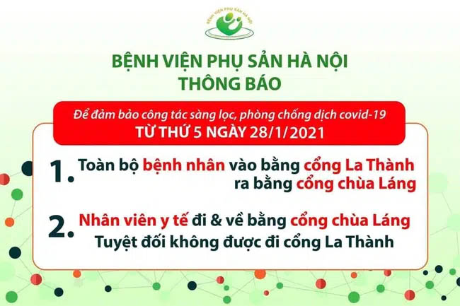 Bệnh viện Phụ sản Hà Nội vừa ra thông báo về việc phân cổng ra vào bệnh viện để sàng lọc, phòng chống dịch Covid-19.-1