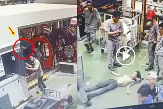 Clip: Kinh hoàng khoảnh khắc nam công nhân bị cuốn kẹt cổ vào máy