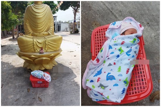 Bé trai 5 ngày tuổi quấn kín khăn, bị bỏ rơi trong chiếc giỏ bên cạnh tượng Phật ngày cận Tết