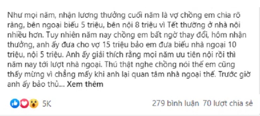 Chồng biếu Tết bên ngoại gấp đôi nhà nội nhưng đằng sau lại làm việc mờ ám và màn ra tay bẻ lái đột ngột của vợ khiến anh cứng họng-1
