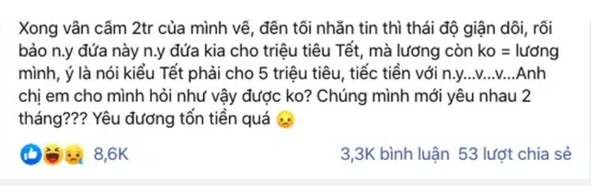 Xin” tiền ăn Tết, nhìn con số bạn trai đưa ra, cô gái bĩu môi chê ít, dân mạng ngao ngán thúc giục chàng trai bỏ gấp vì: Đừng biến mình thành cái mỏ”-1