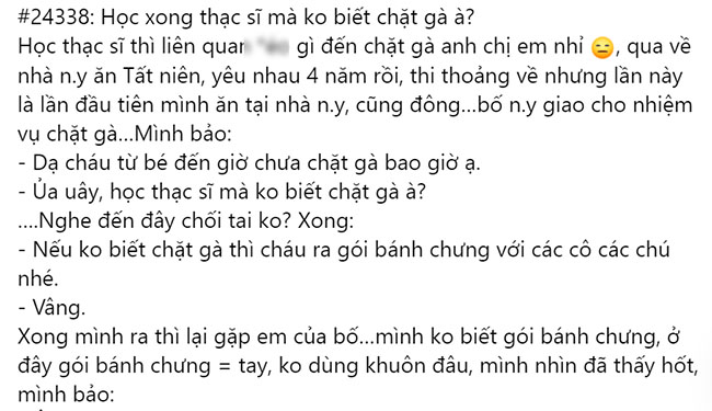Đến nhà bạn gái ăn Tất niên, bị cà khịa Học xong thạc sĩ mà không biết chặt gà à?” đúng là ức nhưng phản ứng của chàng trai mới đáng nói-1