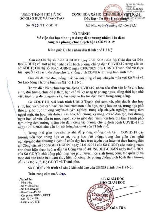 Mới: Sở GD-ĐT Hà Nội đề xuất cho học sinh tạm dừng đến trường, tiếp tục học online sau Tết-1