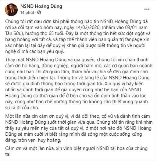 Đại diện cố NSND Hoàng Dũng thông báo về tang lễ trên fanpage, gửi lời nhắn đặc biệt đến khán giả-1