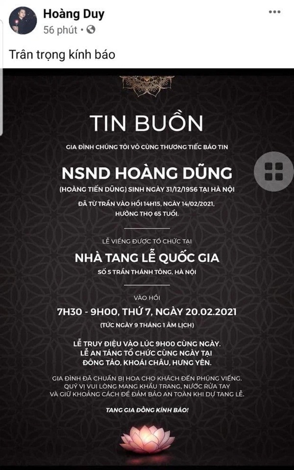 Con trai thông báo cáo phó tang lễ NSND Hoàng Dũng: Hé lộ thời gian, địa điểm an táng và lưu ý quan trọng về việc nhận vòng hoa-1