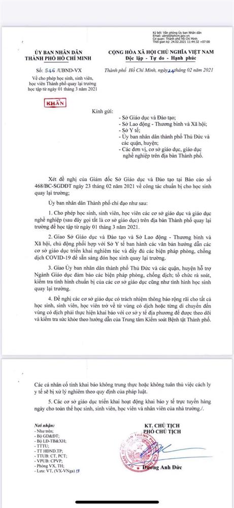 CHÍNH THỨC: Học sinh các cấp tại TP. HCM đi học lại từ ngày 1/3-1