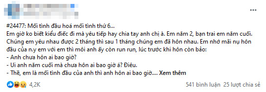 Tưởng mình là mối tình đầu vì bạn trai hôn còn run run, cô gái cay cú khi bạn người yêu bật mí em là mối tình thứ 6 rồi”-1