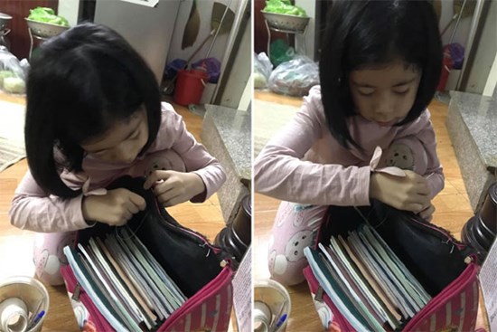 Cô bé 6 tuổi tự khâu cặp sách bị hỏng, nghe người mẹ giải thích mới thấy đáng yêu quá chừng!