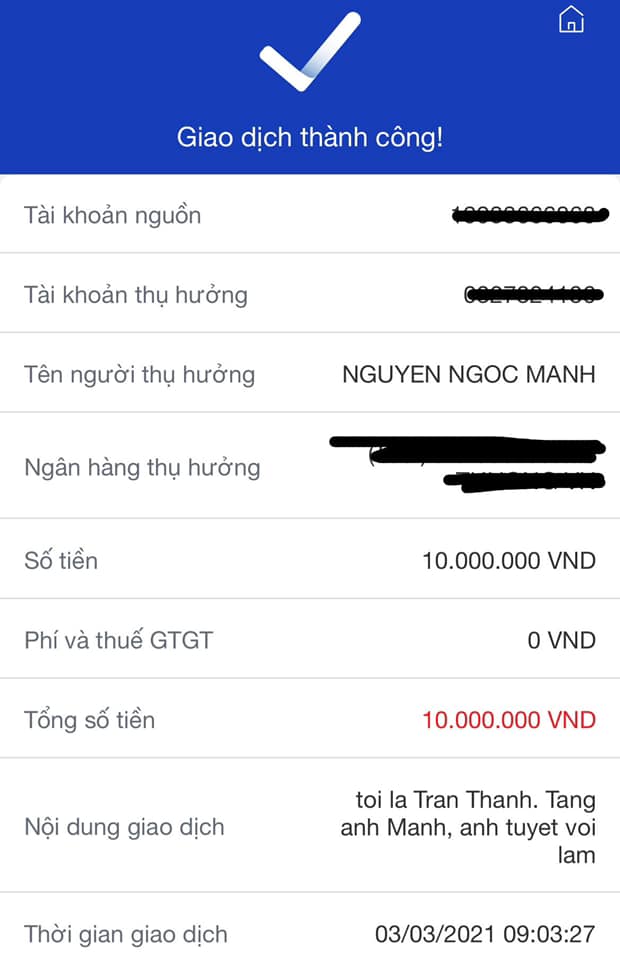 Nói là làm, Trấn Thành chuyển khoản tặng người hùng Nguyễn Ngọc Mạnh 10 triệu đồng để bày tỏ lòng ngưỡng mộ-1