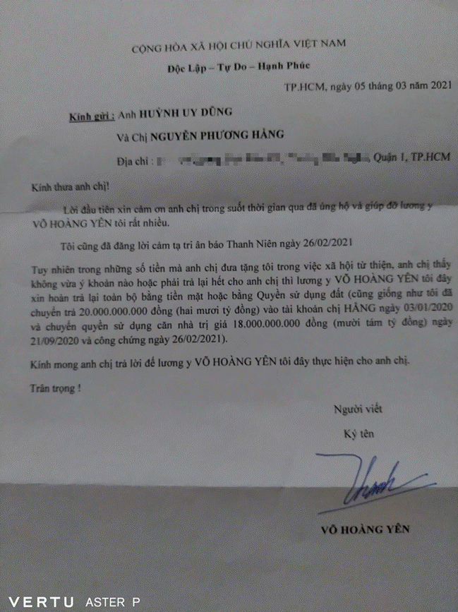 Thần y Võ Hoàng Yên gửi thư cho vợ chồng ông Dũng lò vôi xin trả lại tiền và mong thỏa hiệp, nhưng đáng chú ý nhất là thái độ kiên quyết của bà Hằng-5