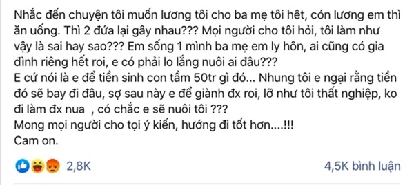 Chồng đòi cả nhà tiêu xài bằng tiền lương của vợ, lương mình biếu hết cho bố mẹ đẻ vì 1 lý do khiến dân mạng phẫn nộ hết sức!-1