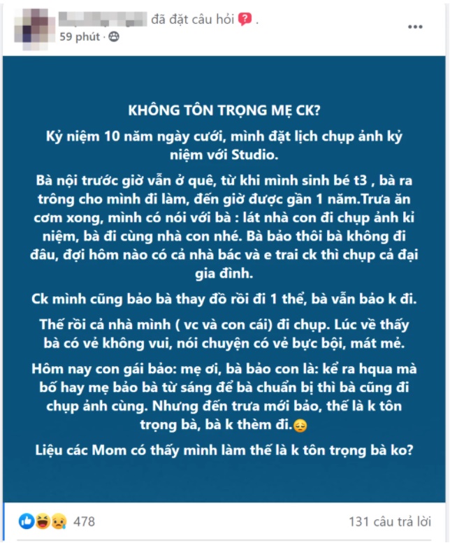 Cơm nước xong xuôi, nàng dâu mời mẹ chồng cùng đi chụp ảnh kỷ niệm nhưng 1 lý do lại khiến bà từ chối mà vẫn bực bội nói mát-1