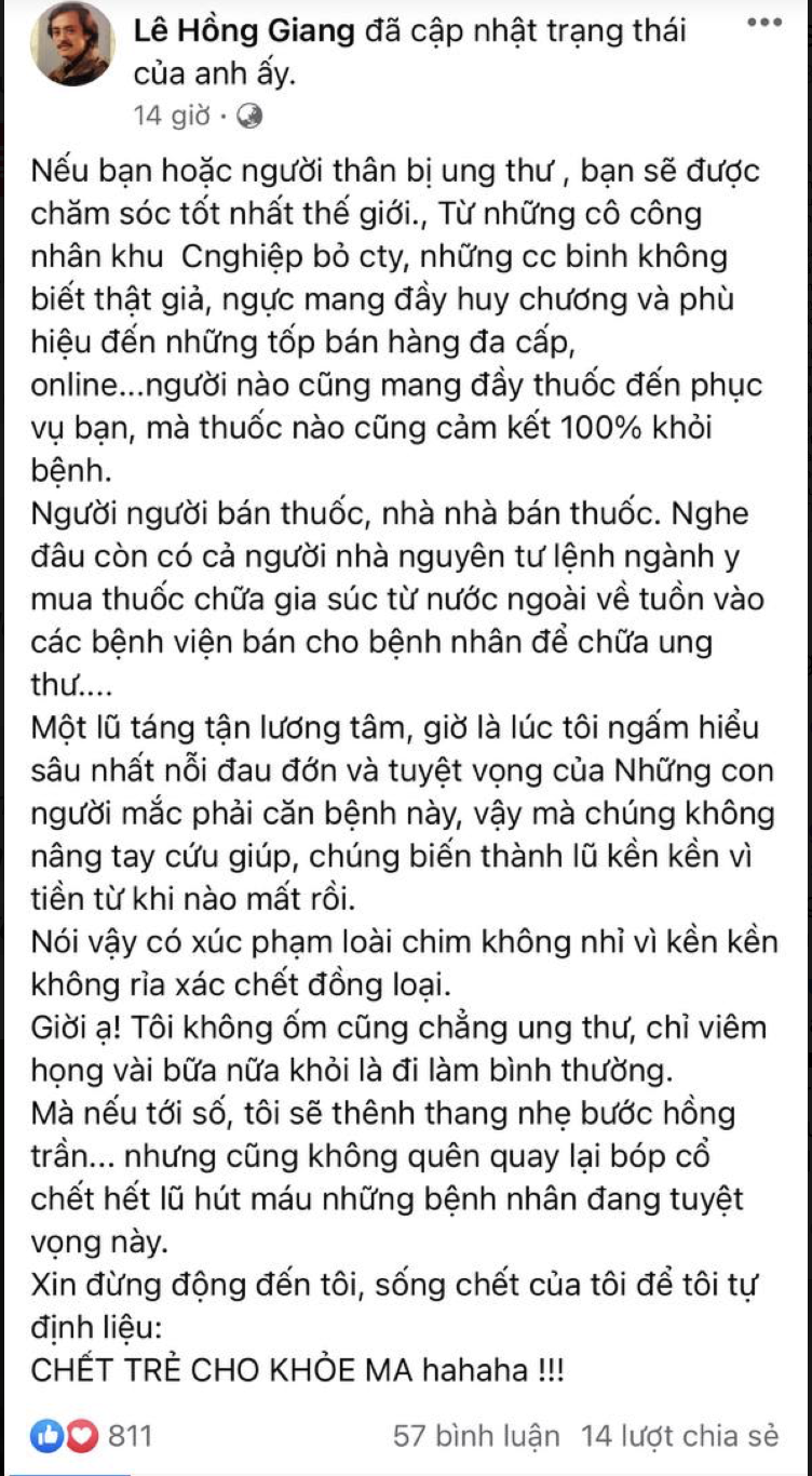 NS Giang Còi đăng đàn chỉ trích căng đét chuyện bệnh nhân ung thư bị lừa: Táng tận lương tâm-1
