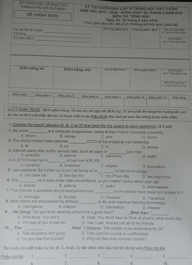 Đề thi và đáp án tuyển sinh lớp 10 TP. HCM 3 năm gần nhất, thí sinh tham khảo và làm thử để có phương án ôn tập hiệu quả-30