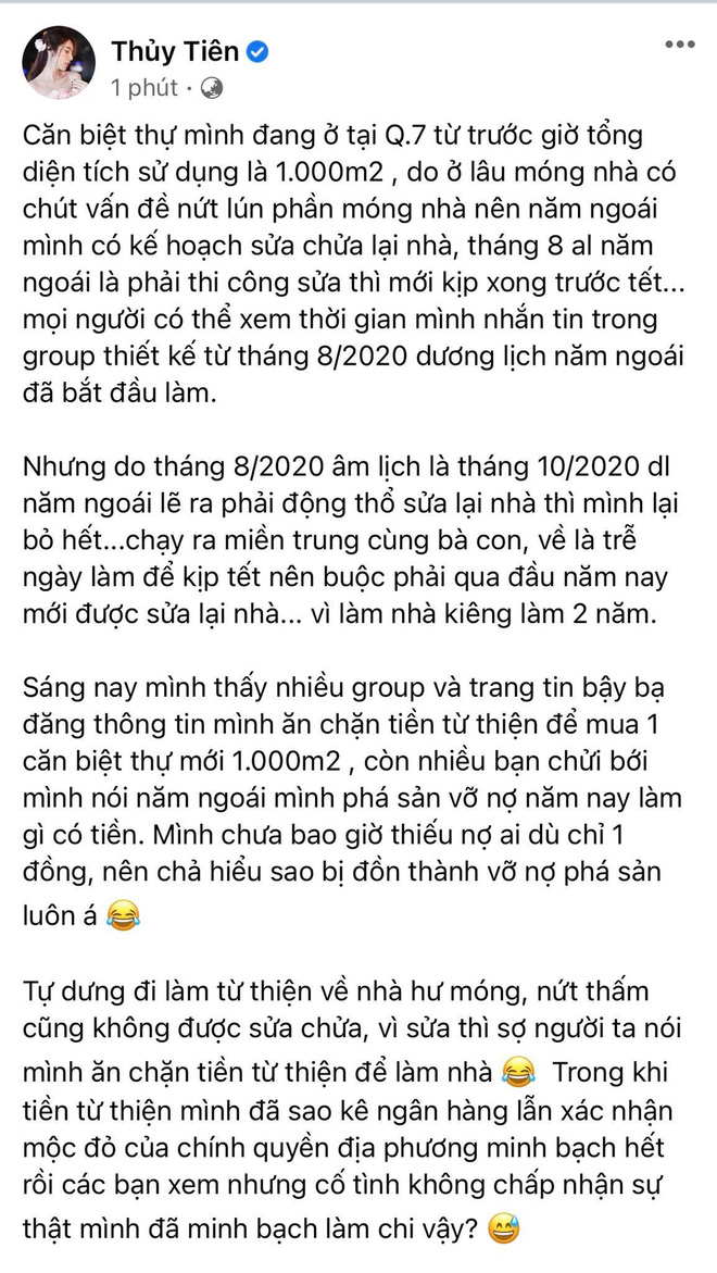 Thuỷ Tiên lên tiếng cực căng vì bị tung tin vỡ nợ, ăn chặn tiền từ thiện để mua biệt thự 1000m2-1