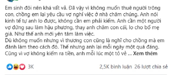Chồng quyết hoán đổi vị trí cho vợ để dằn mặt với tuyên bố việc nhà tôi vẩy tay tí là xong nhưng cuộc gọi điện lúc cuối ngày của anh lại đảo ngược tất cả-1