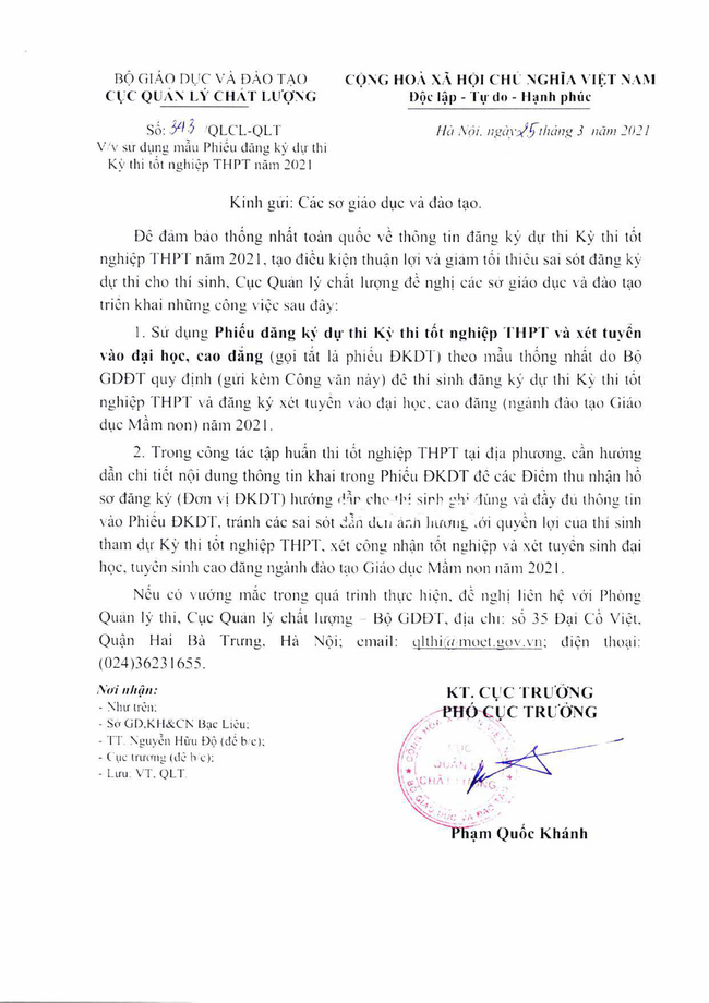 Bộ GD-ĐT công bố mẫu phiếu đăng ký dự thi tốt nghiệp THPT 2021-2