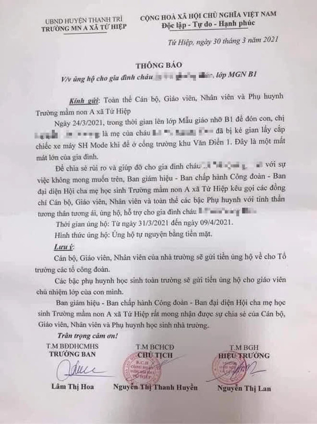 Trường mầm non ở Hà Nội kêu gọi ủng hộ tiền mua xe SH cho phụ huynh bị mất cắp: Hiệu trưởng lên tiếng-1