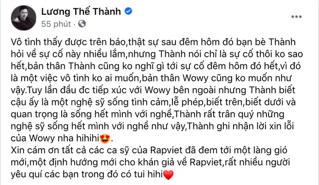 Lương Thế Thành lên tiếng khi bị Wowy gọi sai tên tại concert Rap Việt, cách xử lý được công chúng khen ngợi rần rần-1