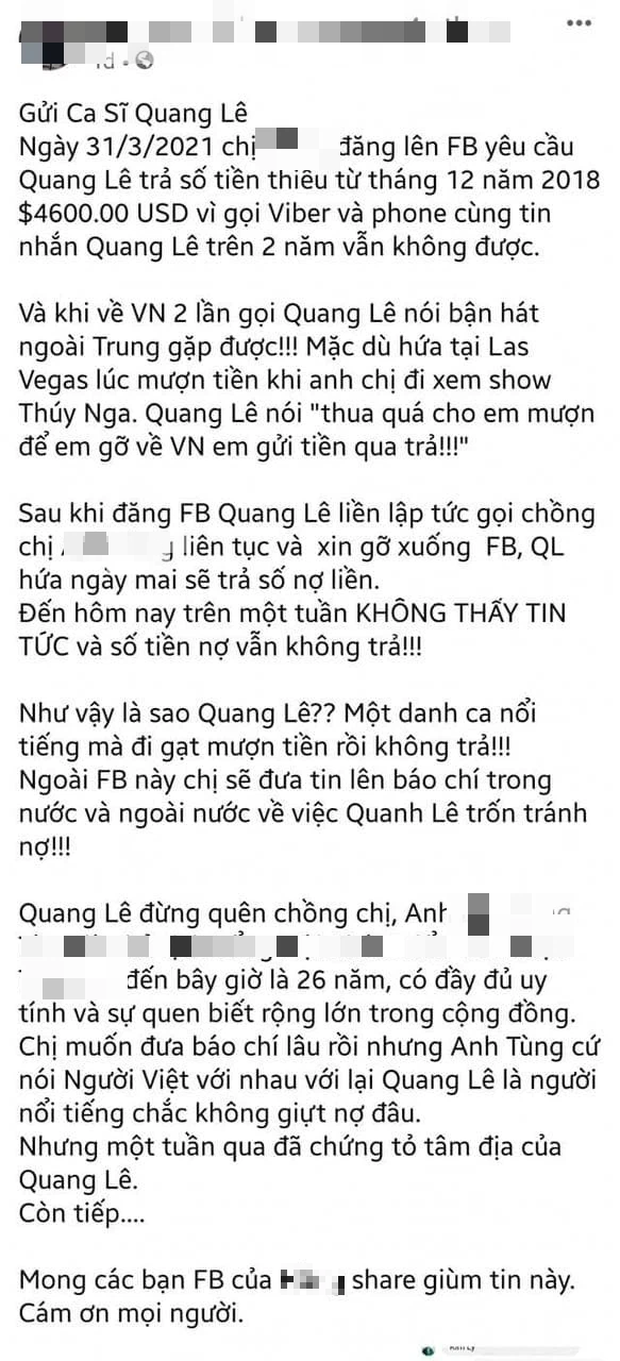 Người tố Quang Lê nợ 100 triệu bỗng tuyên bố Facebook bị... hack, còn hé lộ mối quan hệ với nam ca sĩ-2