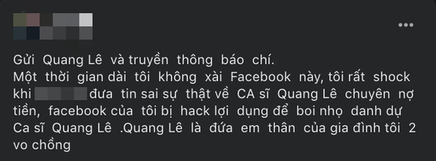 Người tố Quang Lê nợ 100 triệu bỗng tuyên bố Facebook bị... hack, còn hé lộ mối quan hệ với nam ca sĩ-1