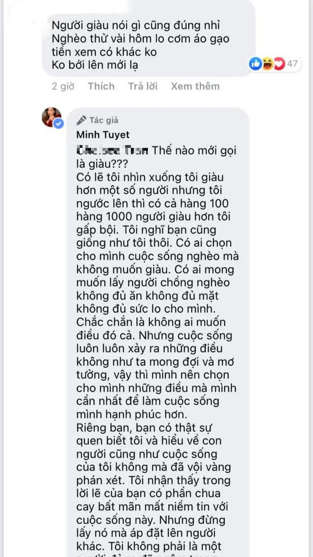 Bị mỉa mai phát ngôn thà lấy chồng nghèo nhưng tôn trọng mình, Minh Tuyết lên tiếng đáp trả nhưng lập tức xoá vội?-2