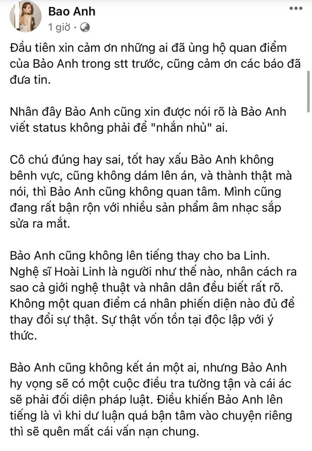Bảo Anh phản hồi về status nghi nhắn nhủ tới vợ Dũng lò vôi”, nói rõ lý do không lên tiếng thay cho NS Hoài Linh-1